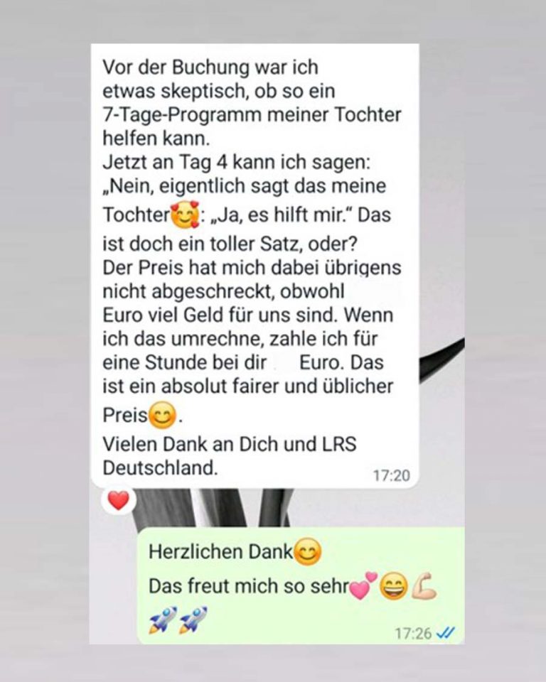 Positive WhatsApp Rückmeldung zum LRS Intensivkurs in Dornstadt bei Ulm